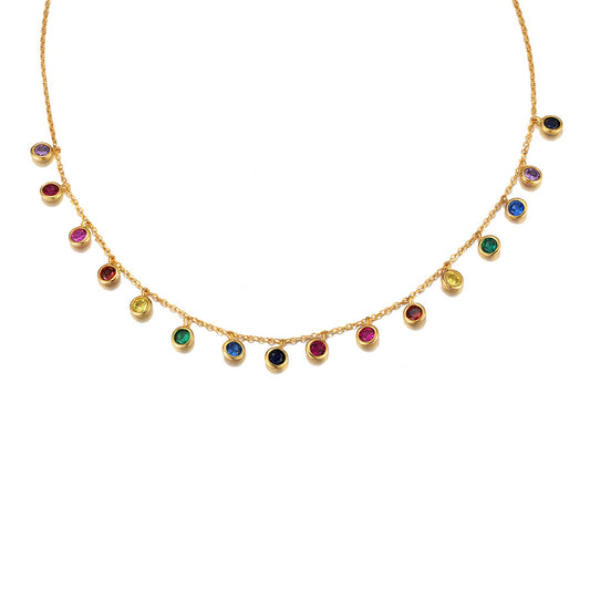 S925 Sterling Silver Colored Round Zircon Necklace Colorful Gemstone Pendant Rainbow Necklace
