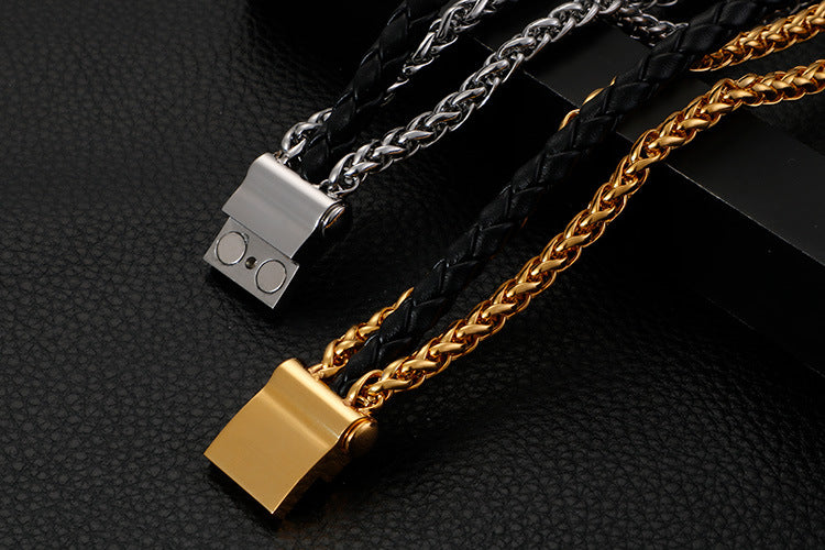 Planderful Leather Woven Titanium Mens Bracelet Chain
