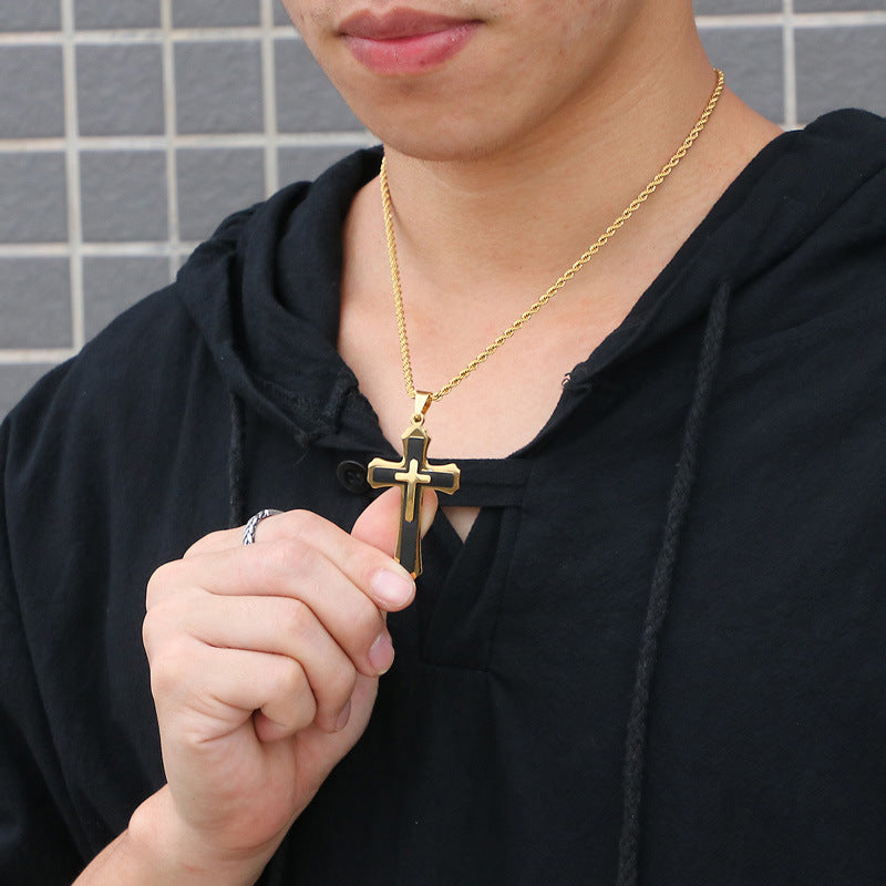 Stylish Stainless Steel Cross Pendant Necklace for Men – European and American Design