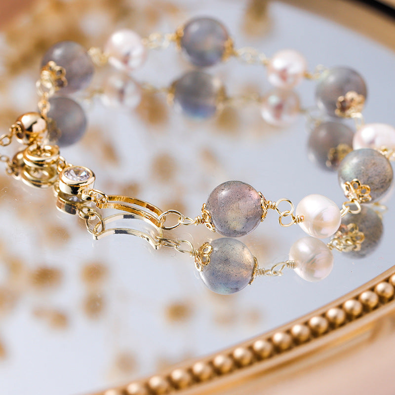 Fortune's Favor Sterling Silver Bracelet with Moonlight Stone, Freshwater Pearl, and Crystal
