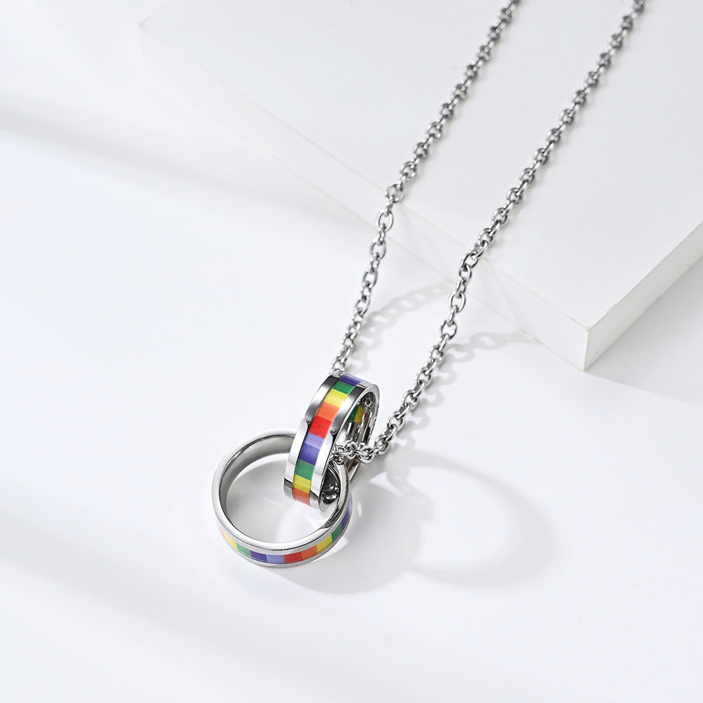 Planderful Vibrant Rainbow Flag Necklace Titanium Steel Six Color Double Ring Niche Design For Pride Jewelry Lovers