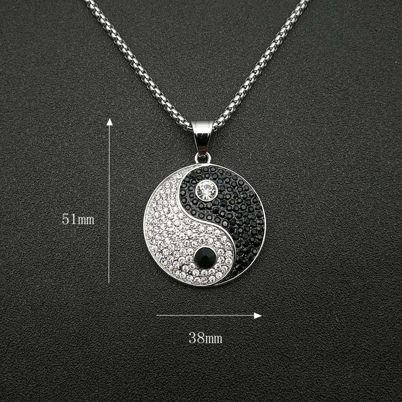 Planderful Hip Hop Jewelry Yin Yang Pendant Necklace Titanium Steel Rhinestone Accents For Unisex Streetwear Fans