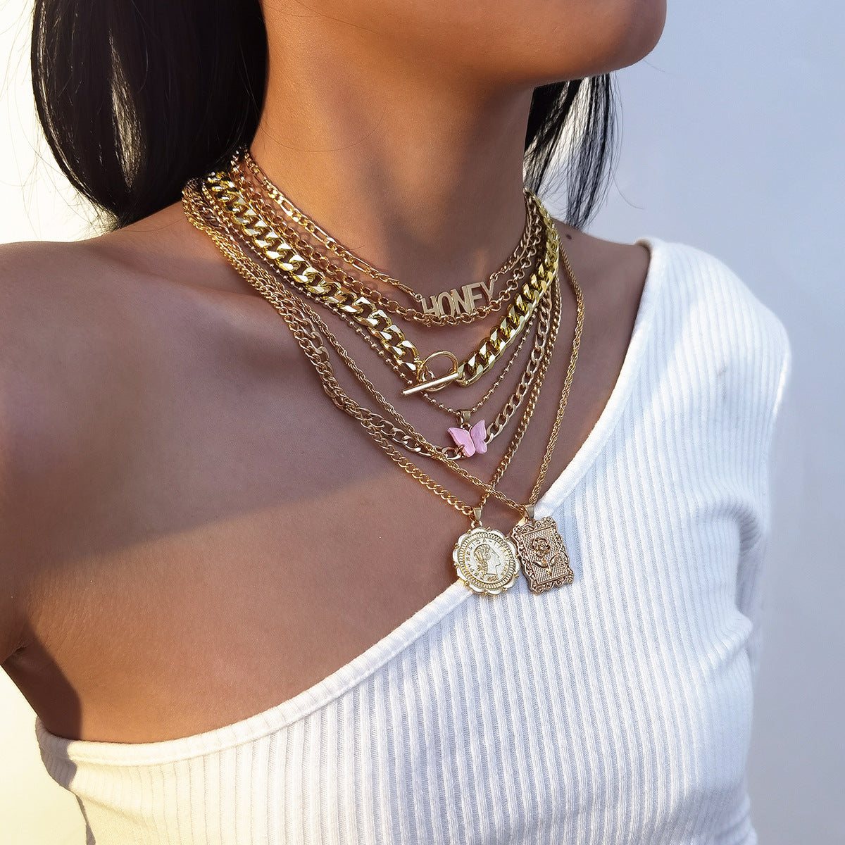 Planderful Vienna Verve Personalized Geometric Portrait Necklace For Women With Bold Butterfly Fringe Statement