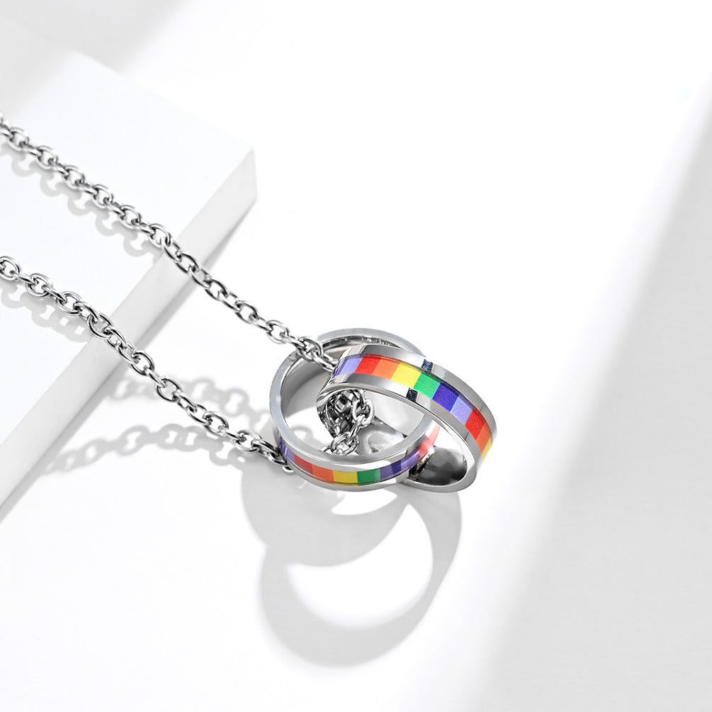 Planderful Vibrant Rainbow Flag Necklace Titanium Steel Six Color Double Ring Niche Design For Pride Jewelry Lovers
