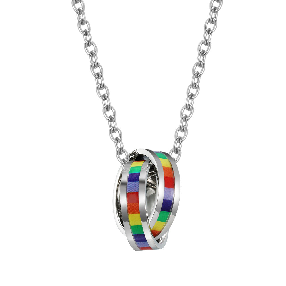 Planderful Vibrant Rainbow Flag Necklace Titanium Steel Six Color Double Ring Niche Design For Pride Jewelry Lovers