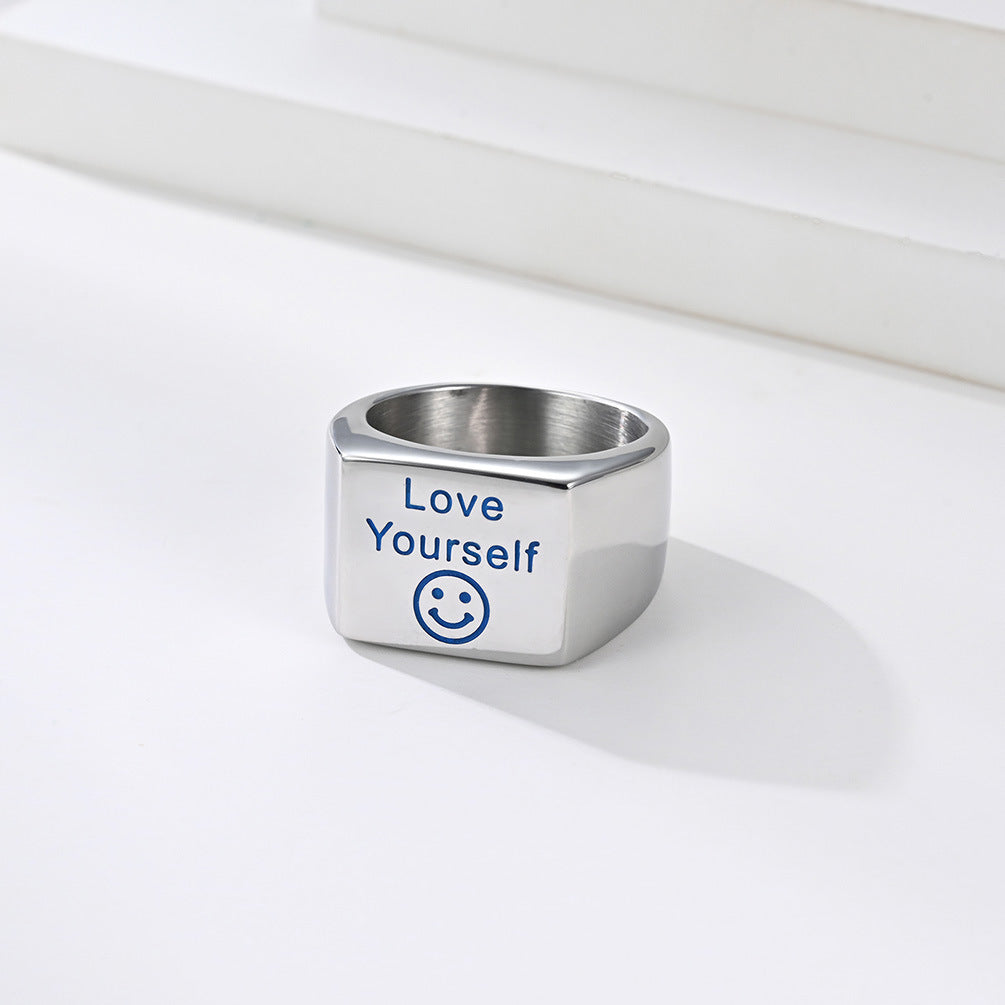 New English Love Yourself Blue Luminous Smiley Face Ring for Men