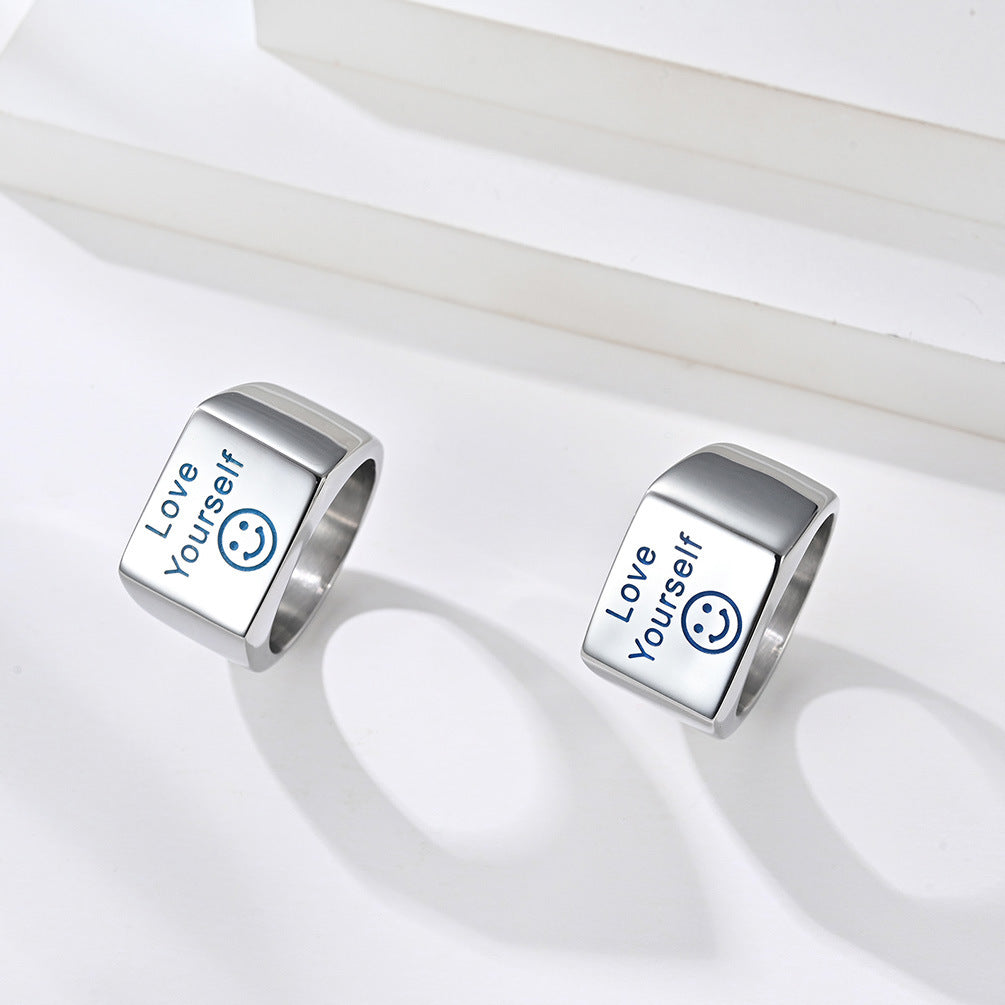 New English Love Yourself Blue Luminous Smiley Face Ring for Men