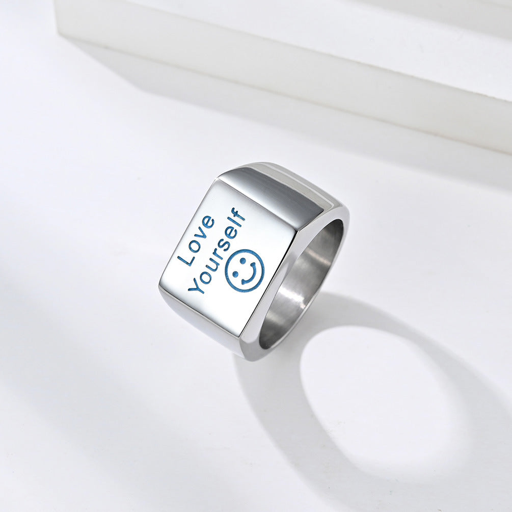 New English Love Yourself Blue Luminous Smiley Face Ring for Men