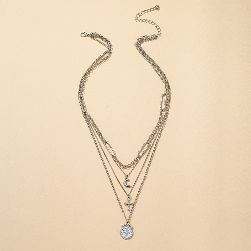 Four-Layer Cross Crescent Alloy Necklace - Vienna Verve Collection
