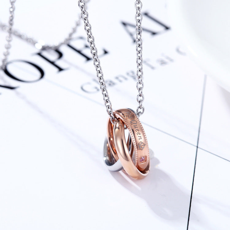 1. Planderful Three Rings Pendant Necklace for Couples in Stainless Steel with Zircon Crown Motif