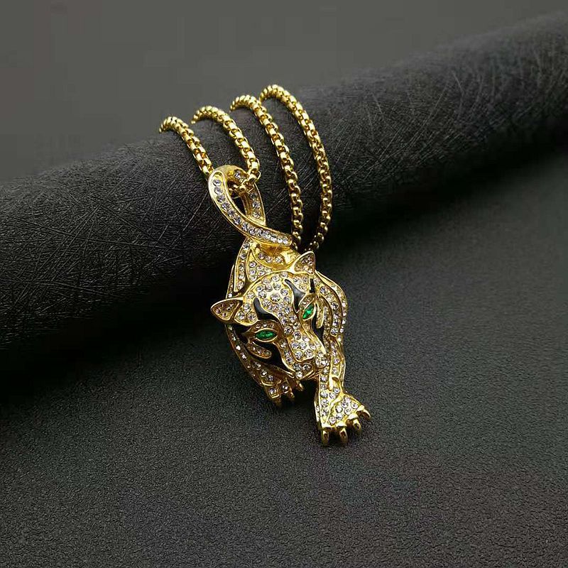 Planderful Leopard Head Pendant Necklace For Hip Hop Style Rhinestone Oil Drip Design Gold Plated Steel