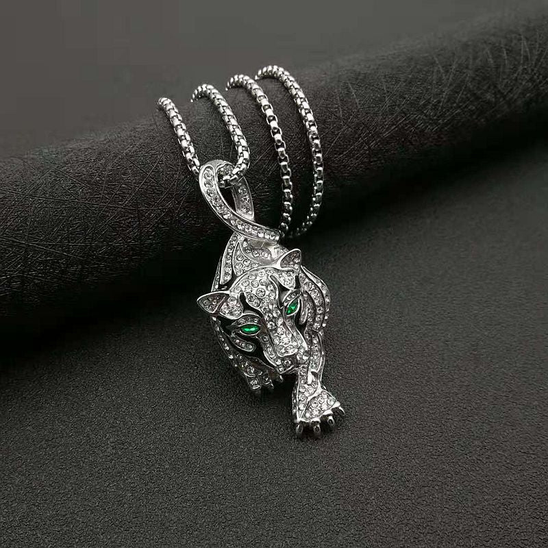 Planderful Leopard Head Pendant Necklace For Hip Hop Style Rhinestone Oil Drip Design Gold Plated Steel
