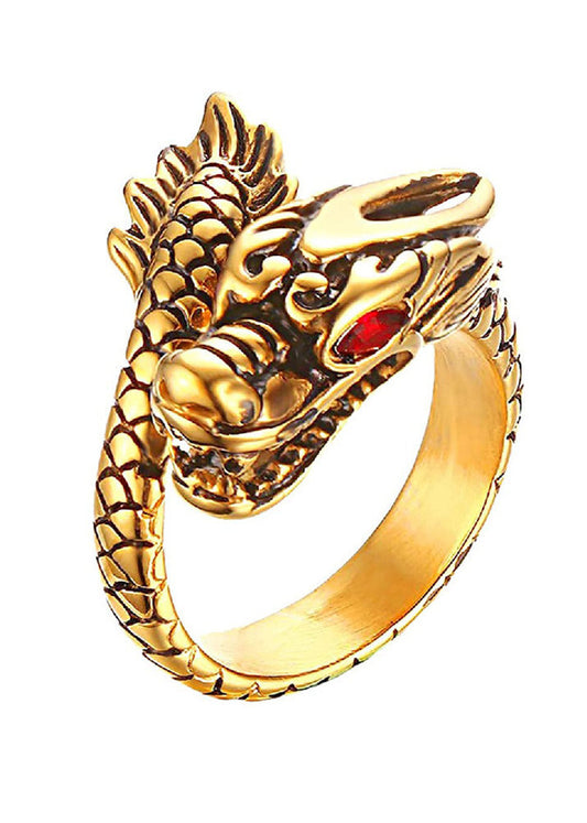Red Eye Zircon Golden Chinese Dragon Titanium Steel Ring for Men