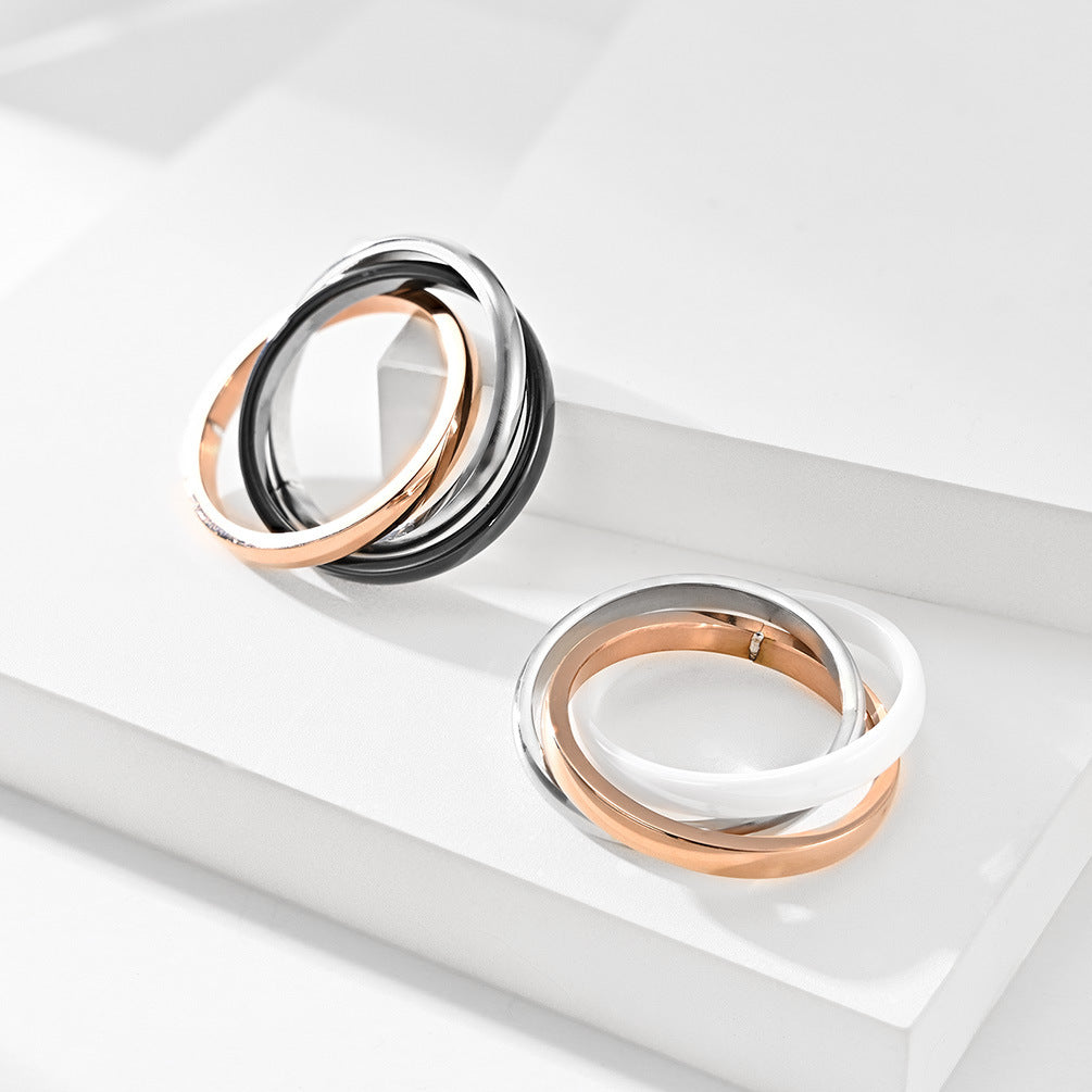 Stainless Steel Ceramic Three-Ring Three-Color Gender-Neutral Interlocking Three