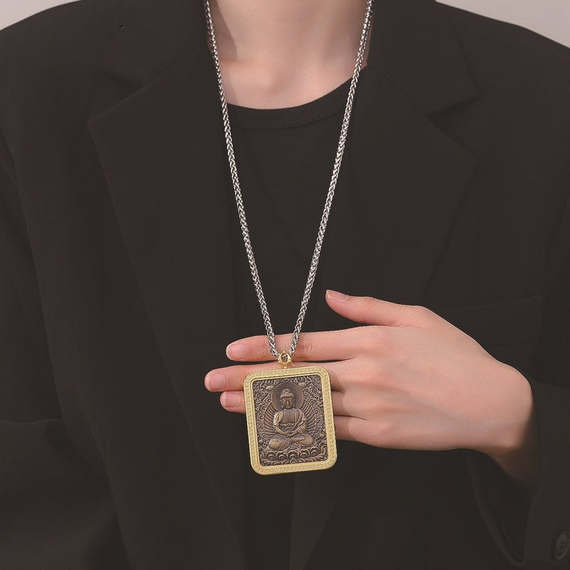 Steel Necklace - Vintage Zodiac Amitabha Buddha Pendant With Eight Guardian Saints For Men And Women