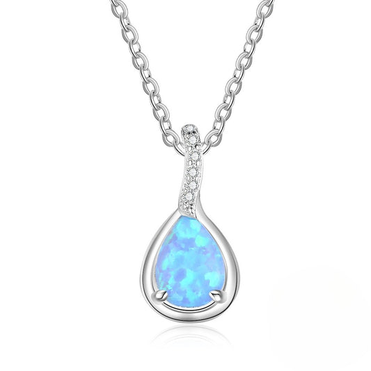 Planderful Jewelry Sterling Silver Opal Necklace With Blue Water Drop Pendant for Everyday Elegance