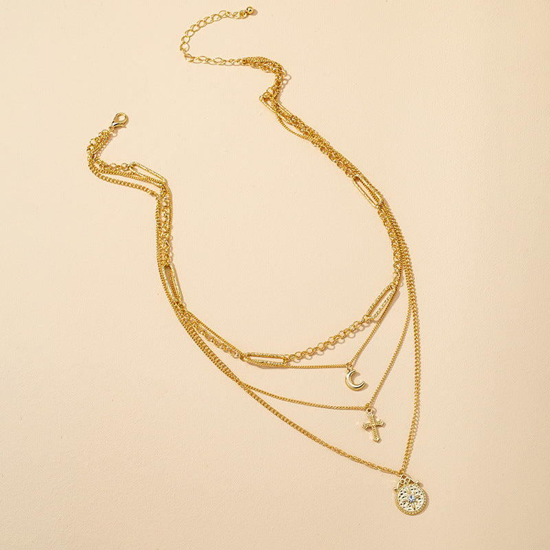 Four-Layer Cross Crescent Alloy Necklace - Vienna Verve Collection