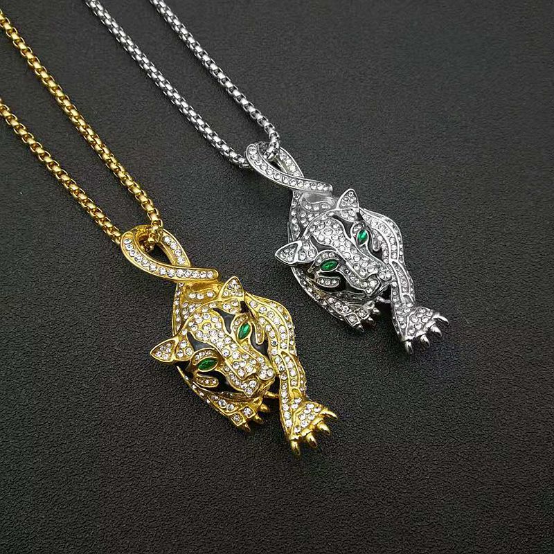 Planderful Leopard Head Pendant Necklace For Hip Hop Style Rhinestone Oil Drip Design Gold Plated Steel