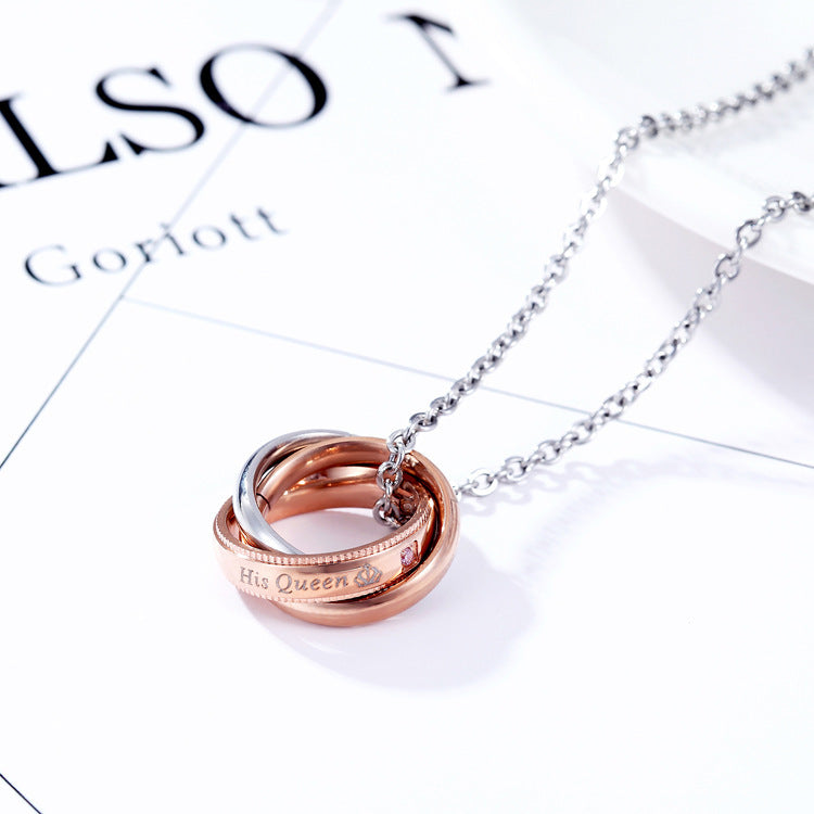 1. Planderful Three Rings Pendant Necklace for Couples in Stainless Steel with Zircon Crown Motif