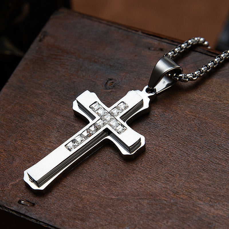 Planderful Double Layer Cross Pendant For Men Unisex Titanium Steel Punk Trend Protection Statement