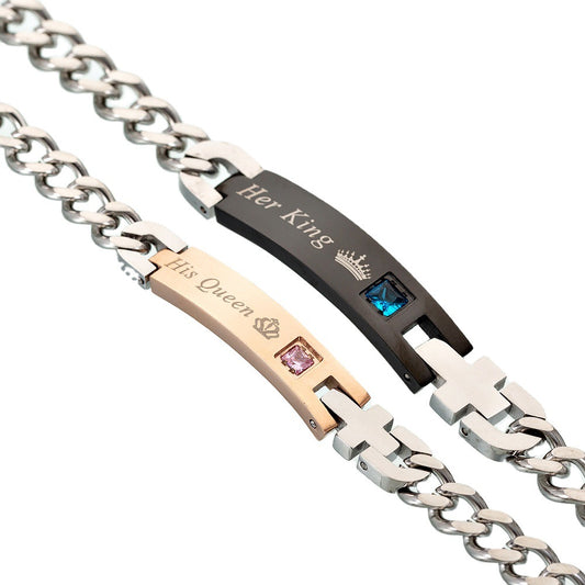 Regal Titanium Steel Zircon Couple Bracelet Set - KING QUEEN Crown Bracelets