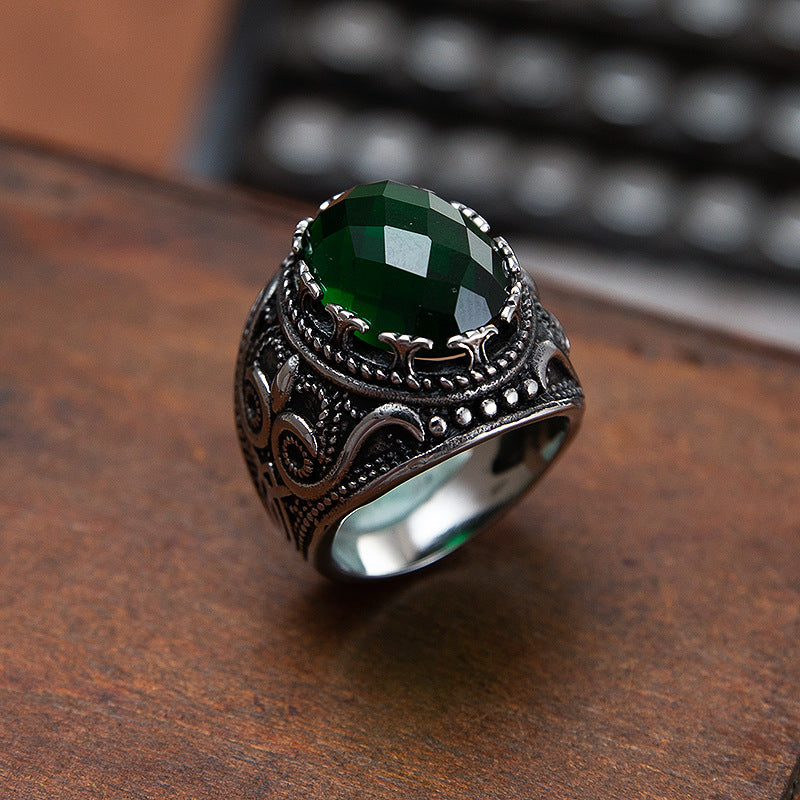 Green Zircon Ring Unisex Stainless Steel Retro Court Style Jewelry By Planderful Bold Statement