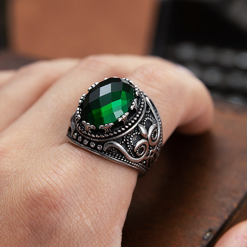 Green Zircon Ring Unisex Stainless Steel Retro Court Style Jewelry By Planderful Bold Statement