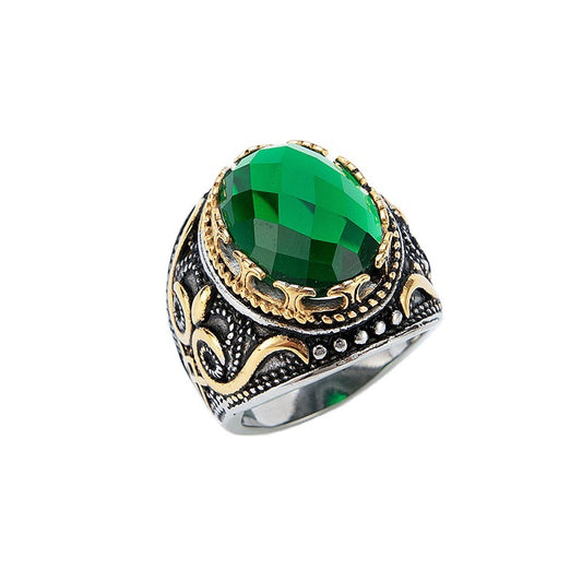 Green Zircon Ring Unisex Stainless Steel Retro Court Style Jewelry By Planderful Bold Statement