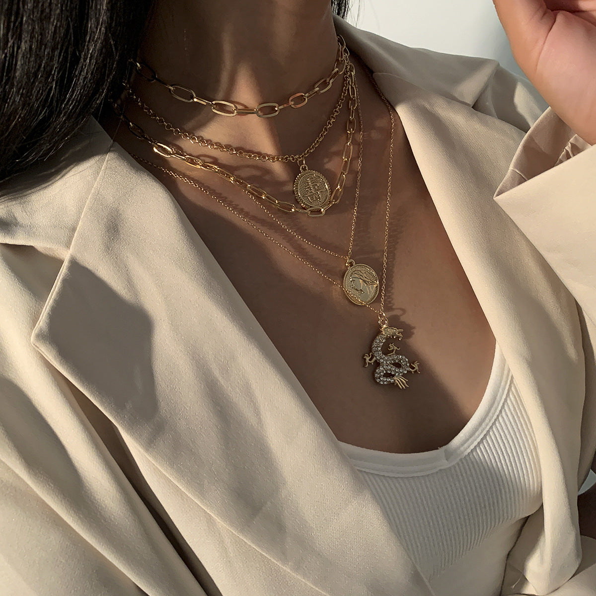 Planderful Dragon Necklace For Women Vienna Verve Multi Layer Geometric Pendant With Zircon Statement
