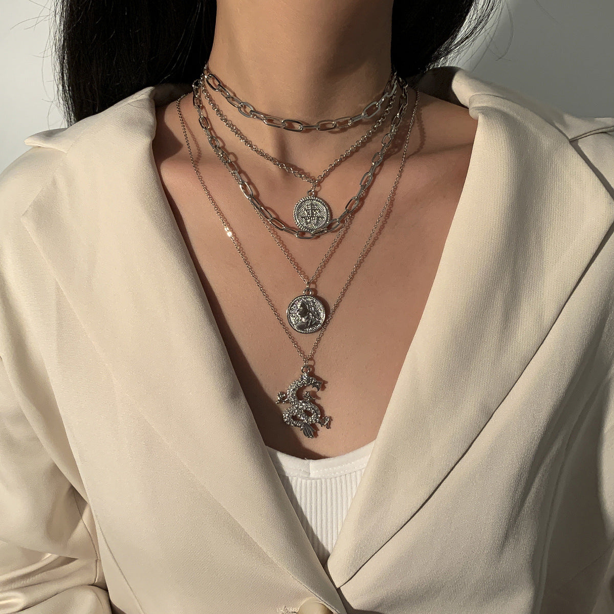 Planderful Dragon Necklace For Women Vienna Verve Multi Layer Geometric Pendant With Zircon Statement