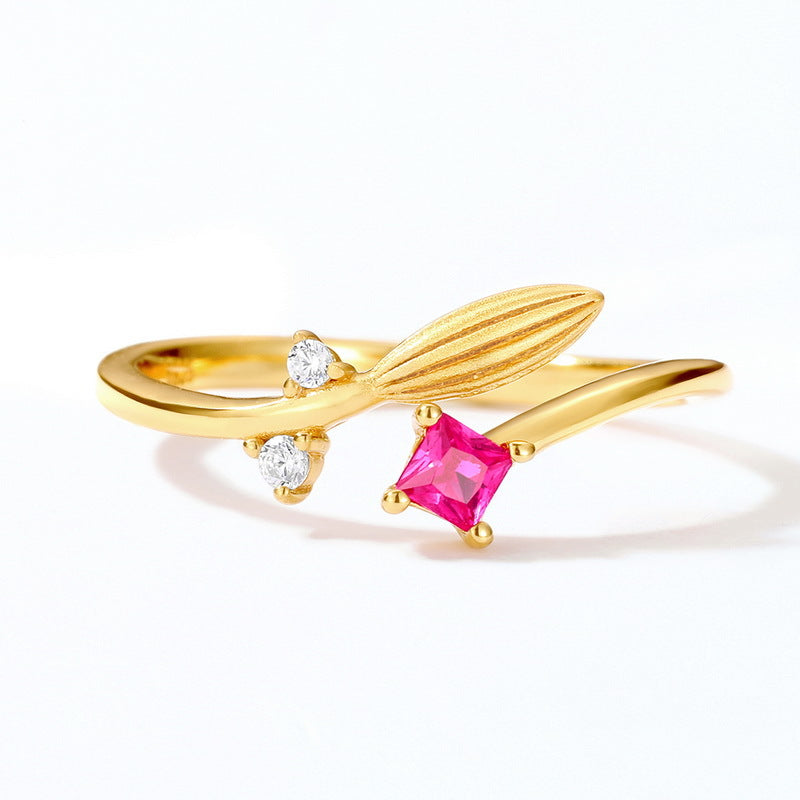 Paddy Rice Square Red Corundum Zircon Opening Sterling Silver Ring