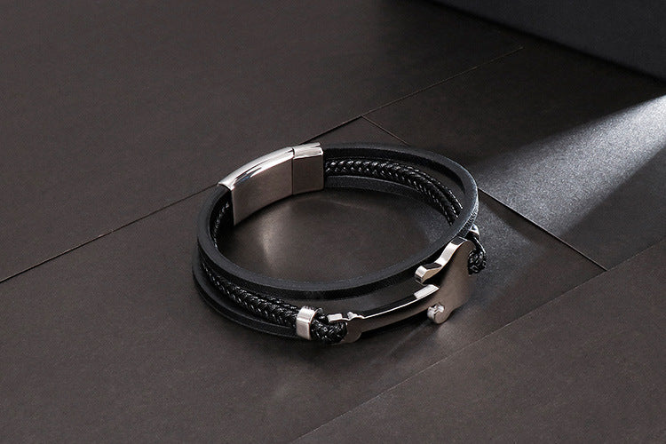 Planderful Titanium Steel Mini Guitar Leather Bracelet Men