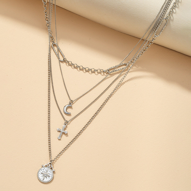 Four-Layer Cross Crescent Alloy Necklace - Vienna Verve Collection