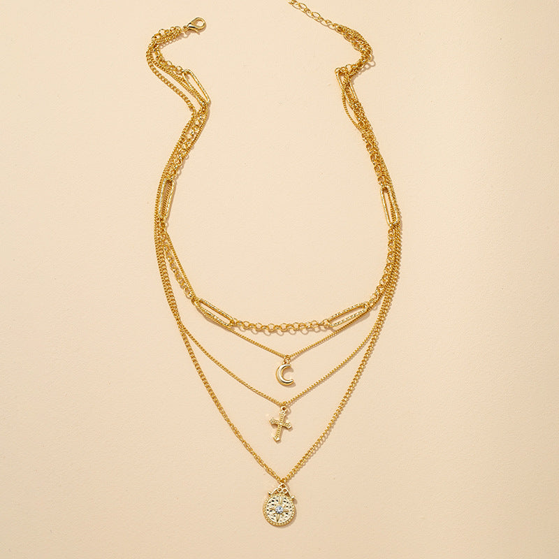 Four-Layer Cross Crescent Alloy Necklace - Vienna Verve Collection