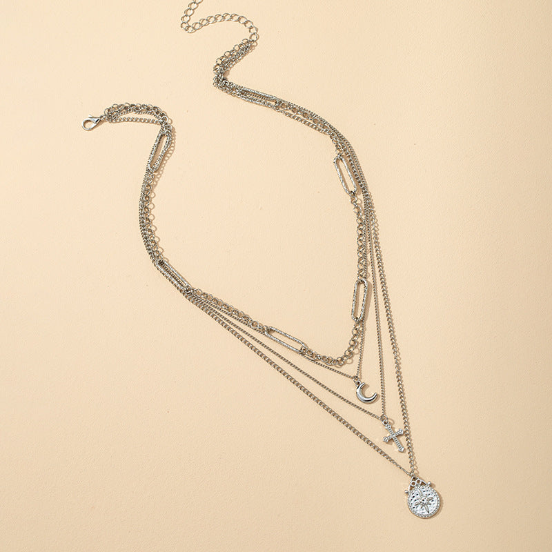 Four-Layer Cross Crescent Alloy Necklace - Vienna Verve Collection