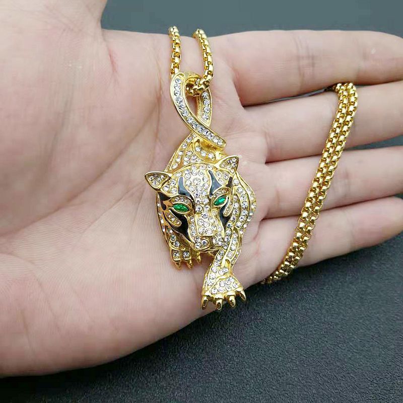 Planderful Leopard Head Pendant Necklace For Hip Hop Style Rhinestone Oil Drip Design Gold Plated Steel