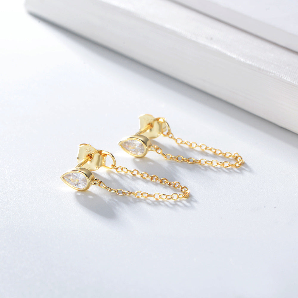 S925 Sterling Silver Drop-Shaped Zircon Earrings Punk Girl Versatile Rear Hanging Versatile Chain