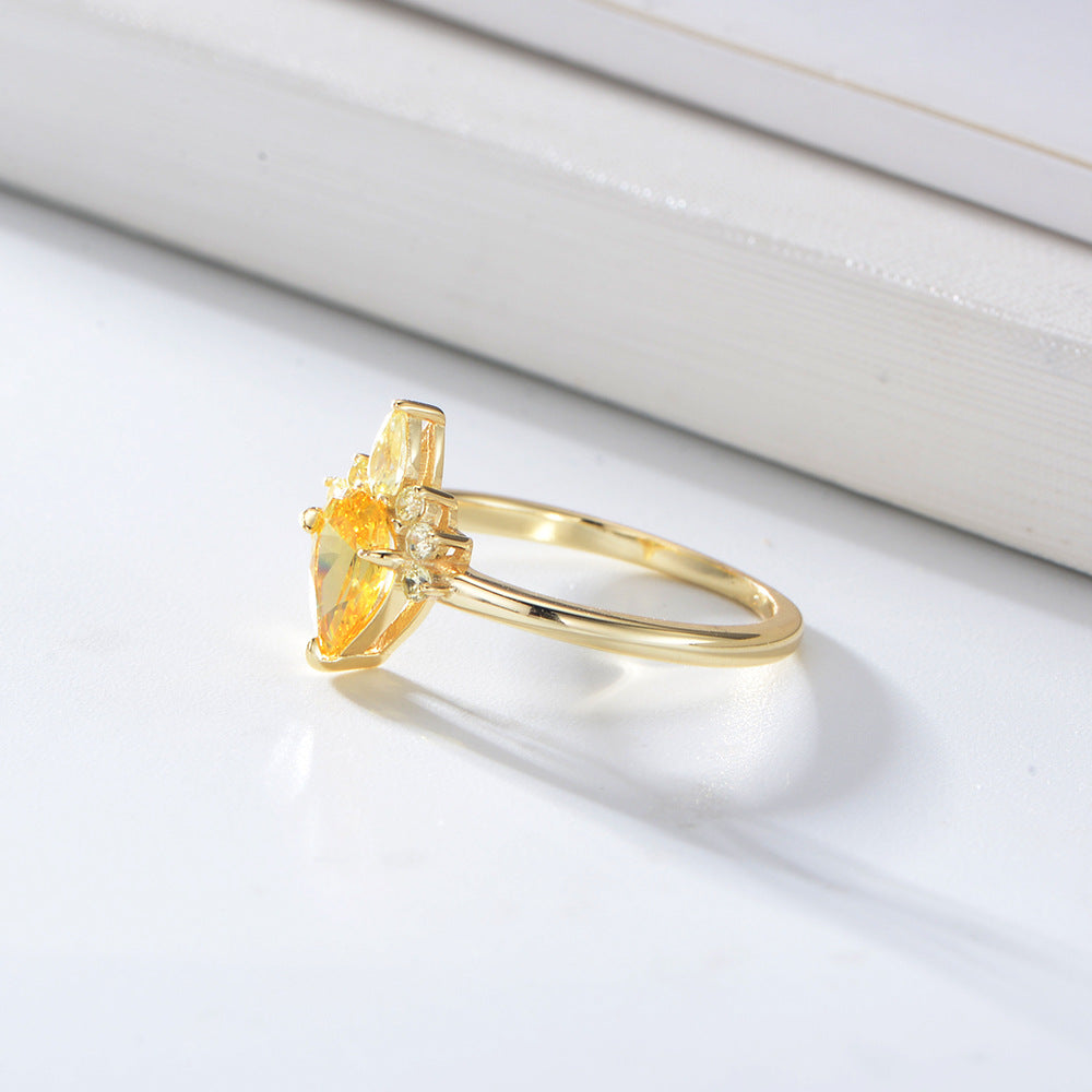 Crown Simulated Diamond Ring S925 Sterling Silver Drop-Shaped Yellow Zircon Ring