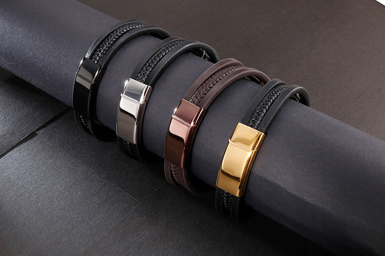 Planderful Mens Skull Bracelet Stainless Steel Leather Rope