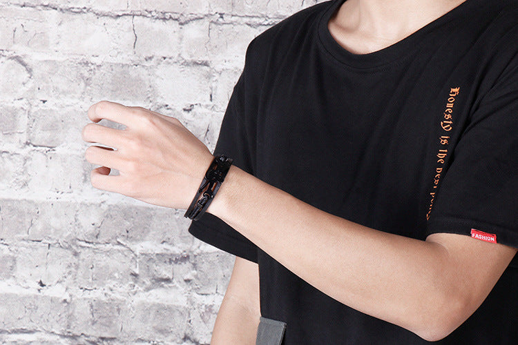 Planderful Mens Skull Bracelet Stainless Steel Leather Rope