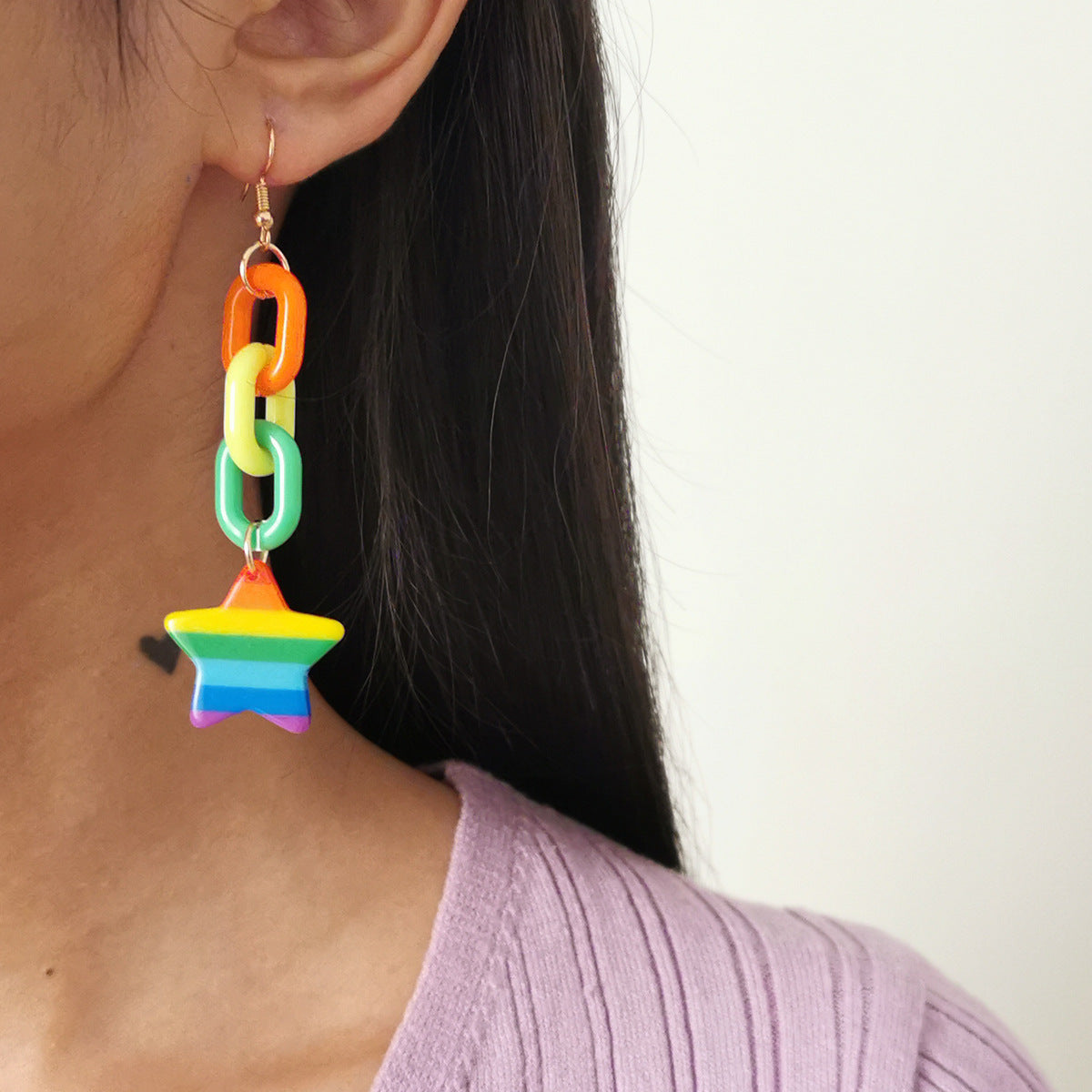 Minimalist Candy Colored Acrylic Chain Earrings with Five Pointed Star Tassels
