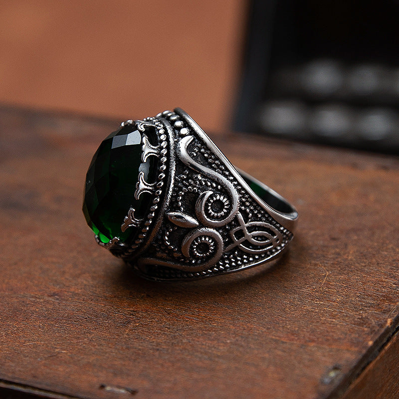 Green Zircon Ring Unisex Stainless Steel Retro Court Style Jewelry By Planderful Bold Statement