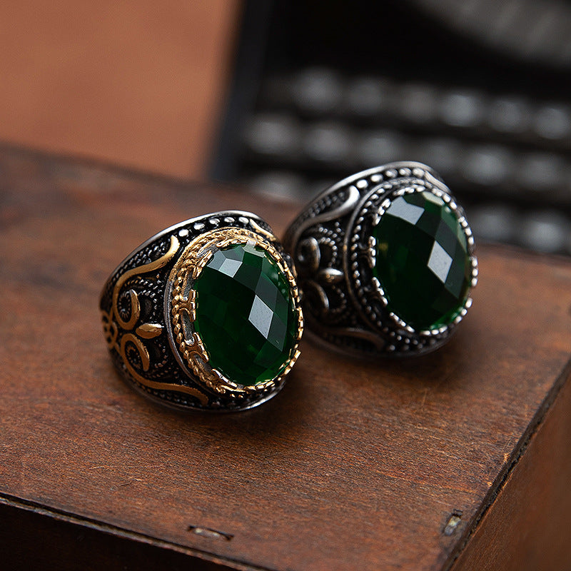Green Zircon Ring Unisex Stainless Steel Retro Court Style Jewelry By Planderful Bold Statement