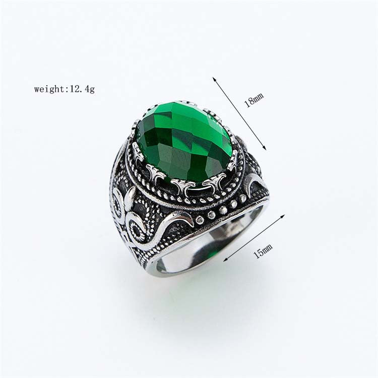 Green Zircon Ring Unisex Stainless Steel Retro Court Style Jewelry By Planderful Bold Statement