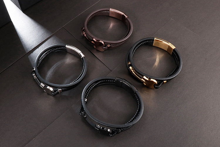 Planderful Titanium Steel Mini Guitar Leather Bracelet Men