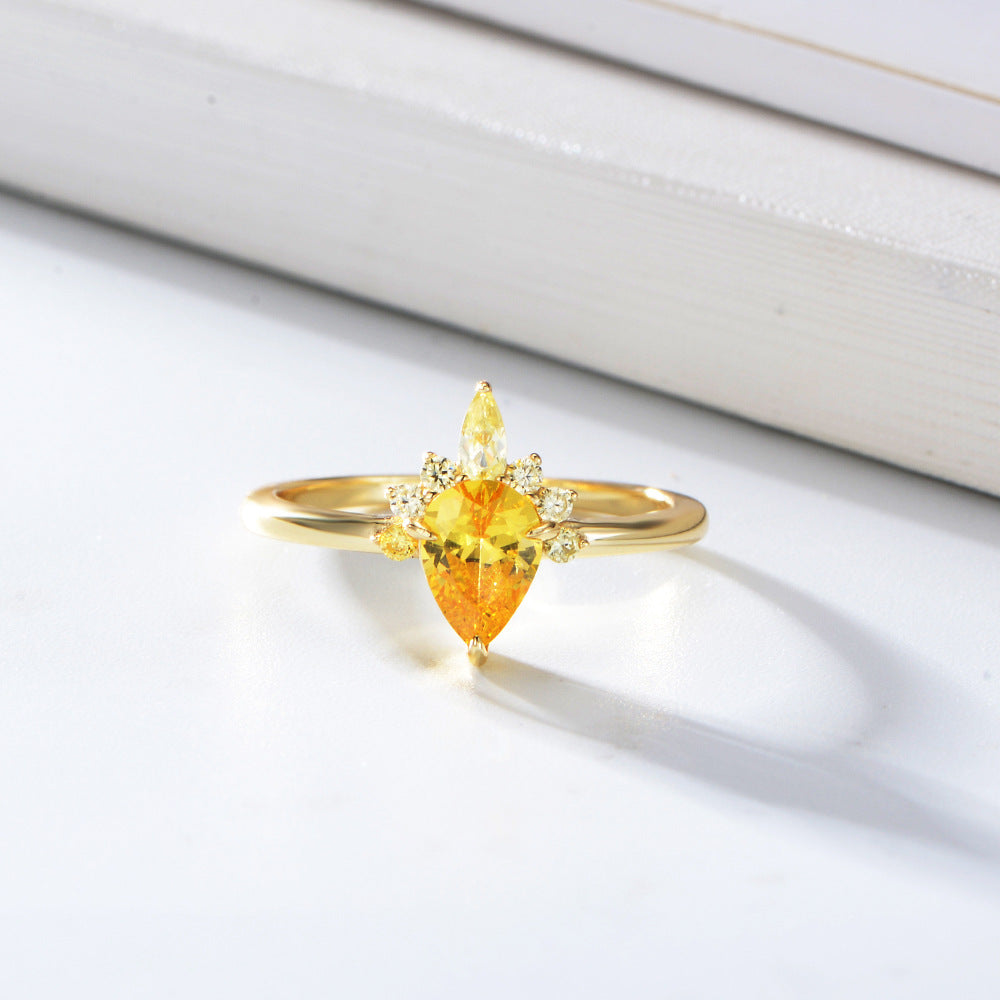 Crown Simulated Diamond Ring S925 Sterling Silver Drop-Shaped Yellow Zircon Ring