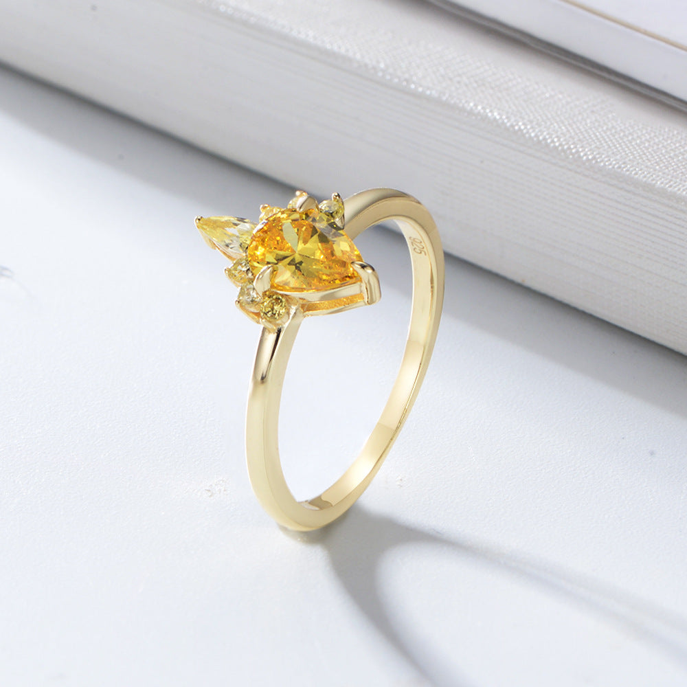 Crown Simulated Diamond Ring S925 Sterling Silver Drop-Shaped Yellow Zircon Ring