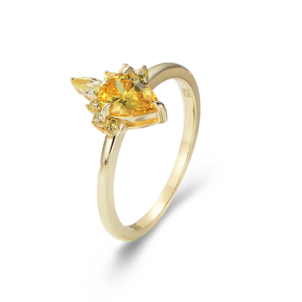 Crown Simulated Diamond Ring S925 Sterling Silver Drop-Shaped Yellow Zircon Ring