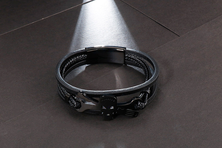 Planderful Mens Skull Bracelet Stainless Steel Leather Rope