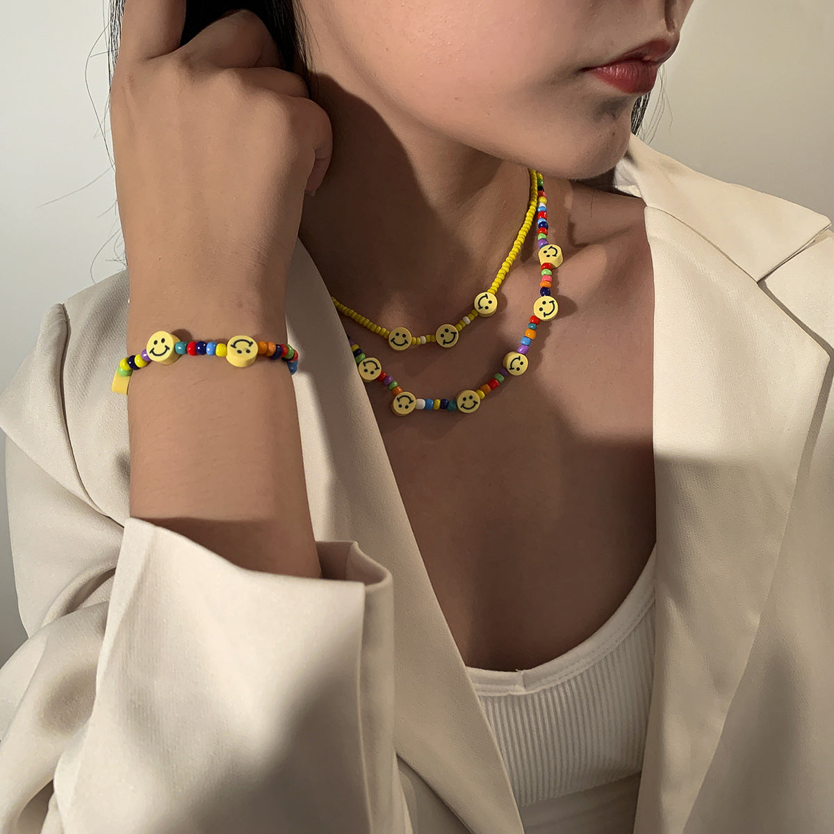 Planderful Vienna Verve Necklace For Women Geometric Beaded Jewelry With Colorful Smileys And Punk Edge